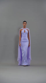 Lilac crêpe dress with a chiffon cape