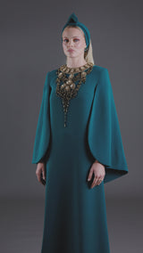 Teal crêpe abaya with embroidered neckline