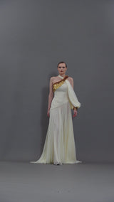 Asymmetric ivory crêpe and chiffon dress with embroidery