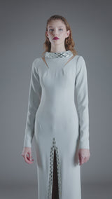 Light grey crêpe dress with baguette embroidery