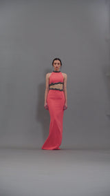 Coral crêpe dress featuring embroidery on the waist cut-out and back