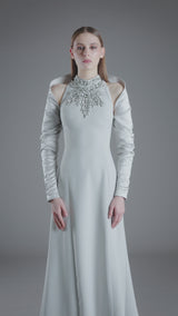 Halter neck light grey crêpe dress with structured sleeves and crystal embroidery