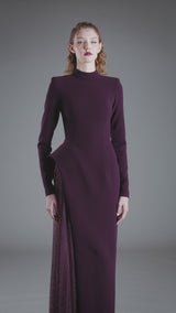 Burgundy asymmetric crêpe dress with crystal embroidery