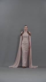 Nude crêpe dress with embroidery paired with cape sleeves