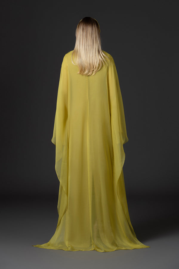 Golden olive abaya with open embroidered neckline