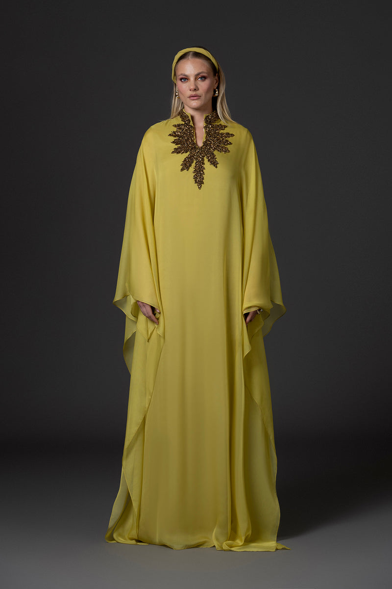 Golden olive abaya with open embroidered neckline