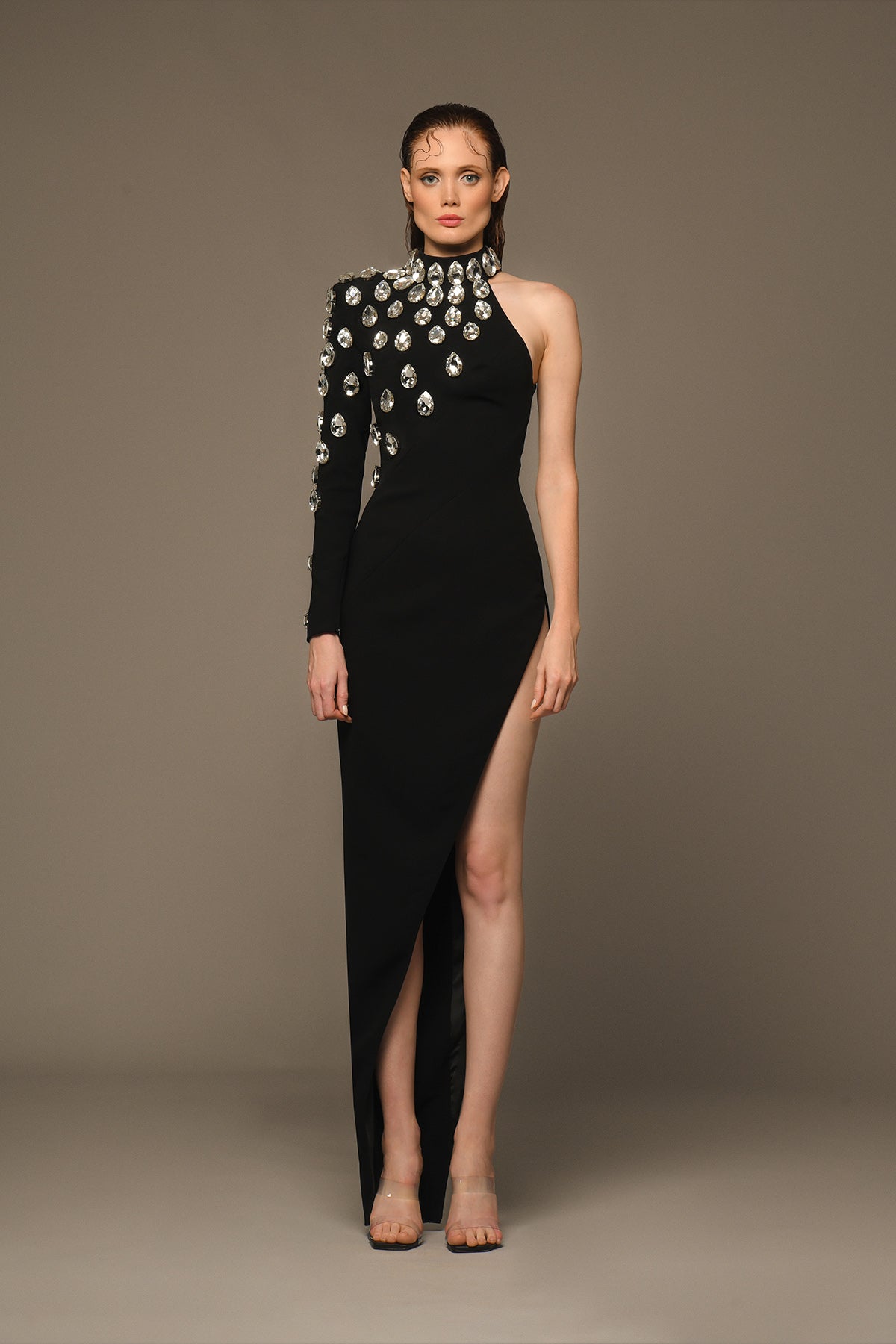 Asymmetrical black crêpe dress