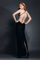 Sleeveless black silk column dress with embroidered graphic bustier