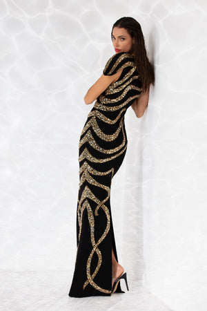 Sleeveless black crêpe column gown, lavishly illustrated with an octopus embroidered in golden shadow crystals and beads