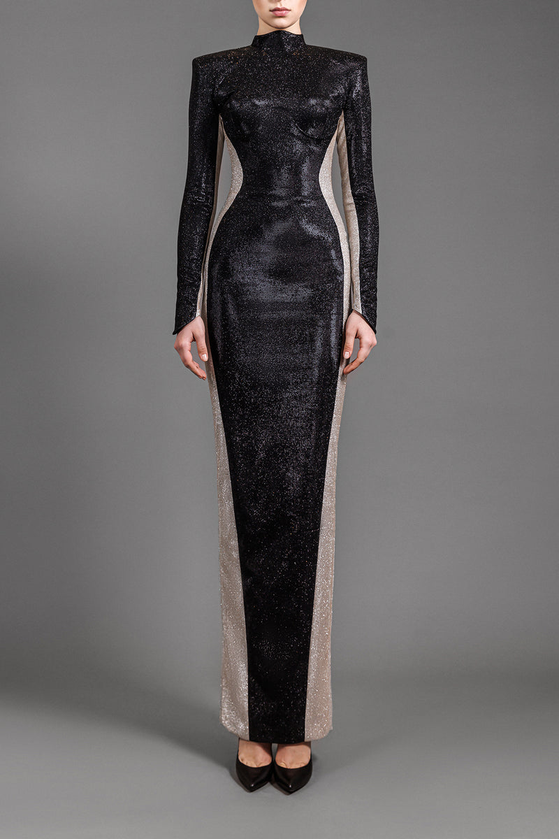 Black shimmery dress with optical illusion silver detailing