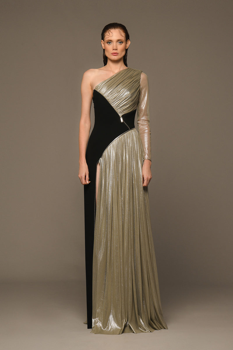 Black crêpe dress with silver draping in silk foiled tulle and zippers