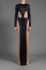 Black jersey dress with printed nude optical illusion detailing