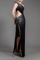 One-shoulder black crêpe dress with crystal embroidered waist cut-out 