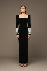 Black velvet dress with crystal baguettes on sleeves