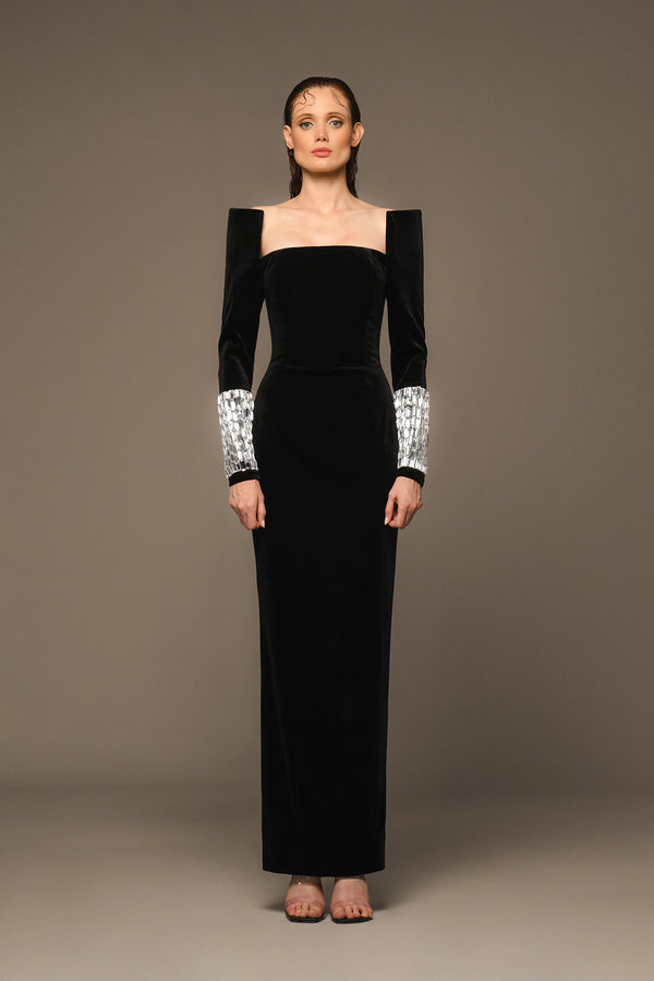 Black velvet dress with crystal baguettes on sleeves