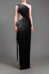 One-shoulder black crêpe dress with waist cut-out embroidered with crystals