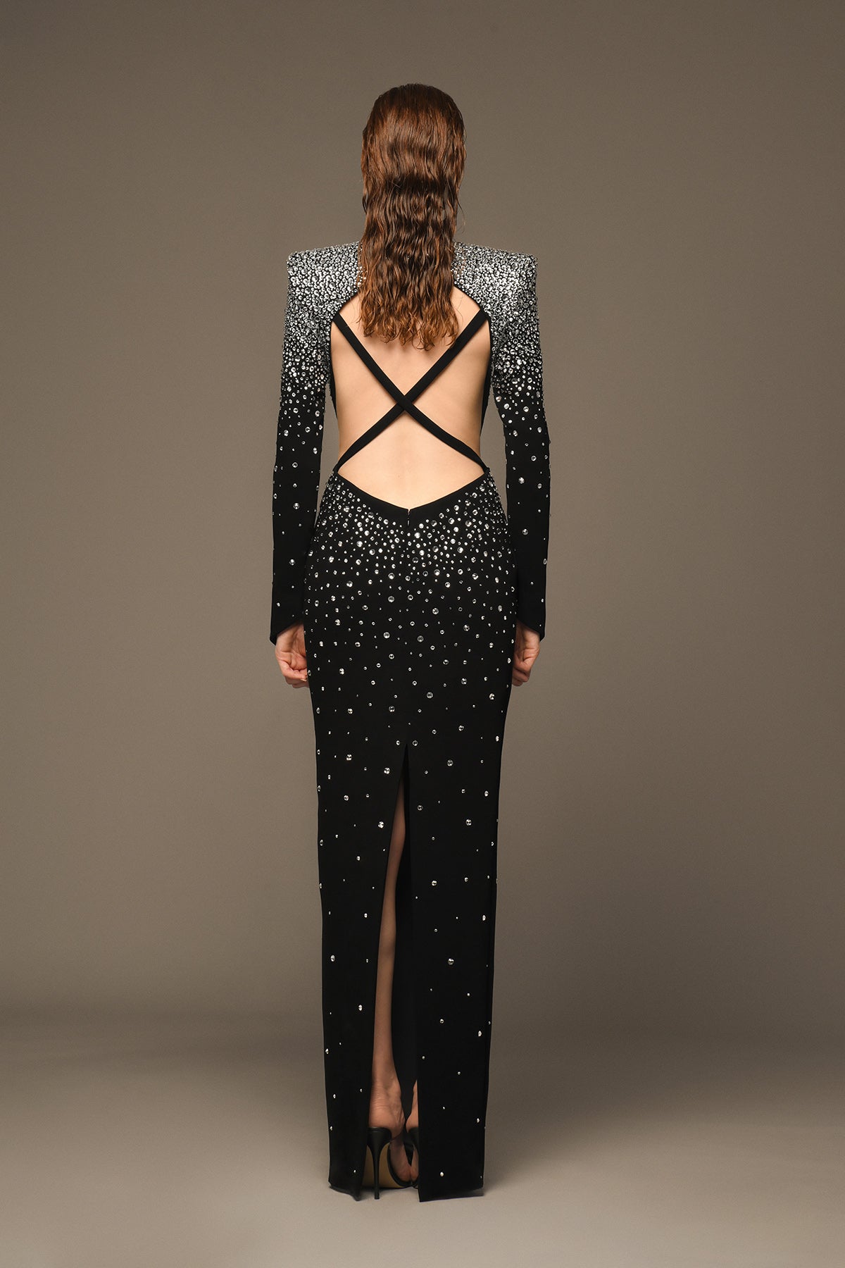 Backless black crêpe dress fully embroidered with crystals 