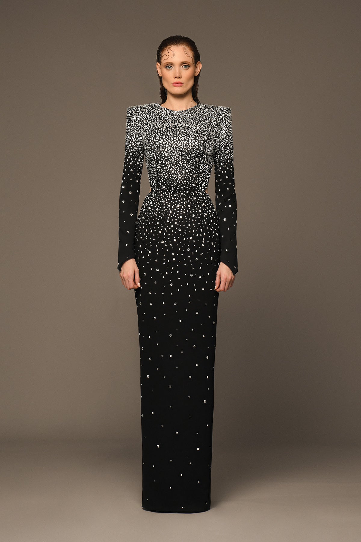 Black crêpe dress fully embroidered with crystals