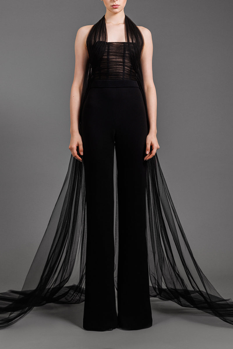 Black jumpsuit with a tulle draped corset and structured crêpe pants
