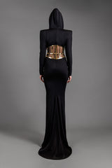 Black jersey hooded dress with a metal see-through corset belt