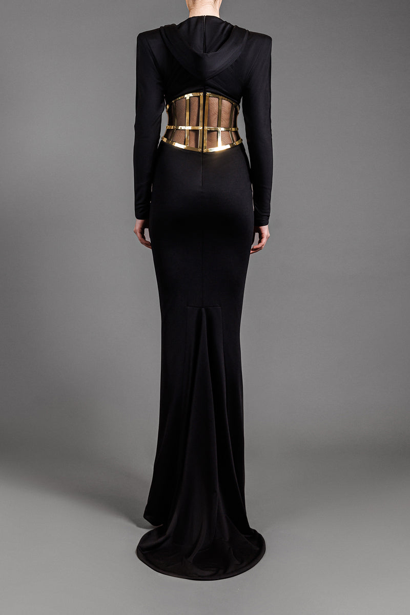 Hooded black jersey dress with a metal visible corset belt