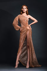 Nude lamé gown with intricate draping