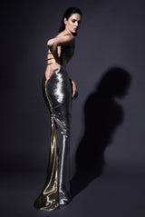 Sleeveless backless gown in textured metallic gold/silver degradé lamé with graphic armour bustier 