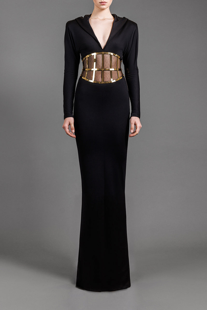 Black jersey hooded dress with a metal visible corset belt
