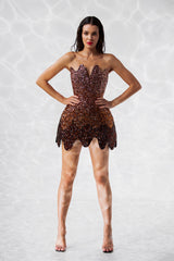 Corseted mini dress embroidered with ombré waves of orange and brown tourmaline crystals
