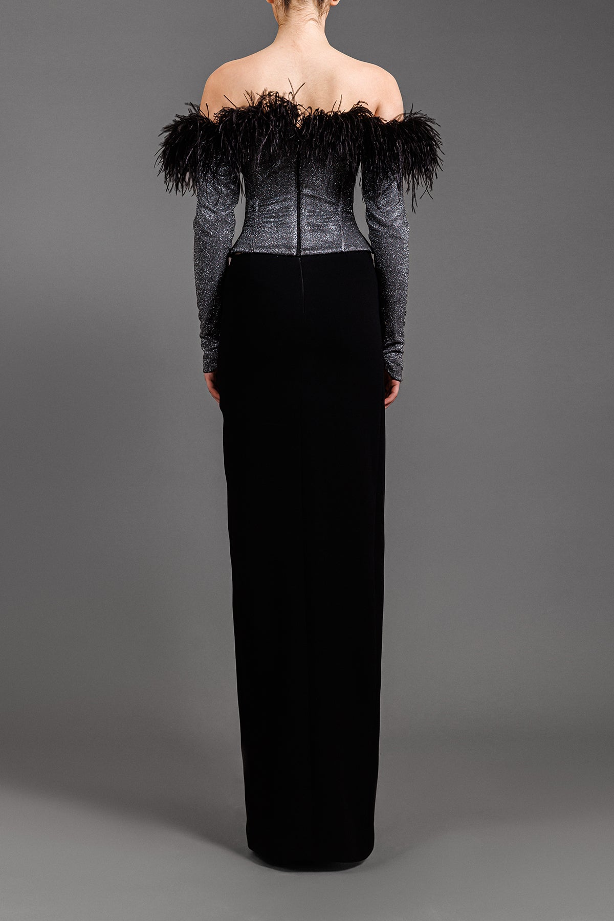 Feathered off the shoulders black and silver dress in lurex and crêpe