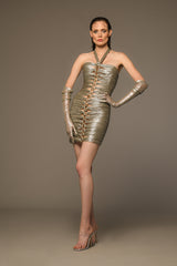 Silver draped dress with chains and gloves