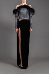 Black and silver dress in lurex and crêpe with a feathered neckline