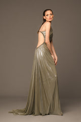 Asymmetrical silver dress with chains