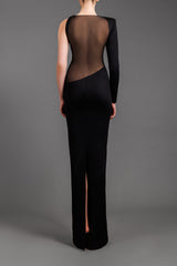 Black jersey one sleeved dress with sheer tulle cut-outs