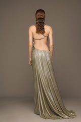 Asymmetrical silver dress with chains and open back