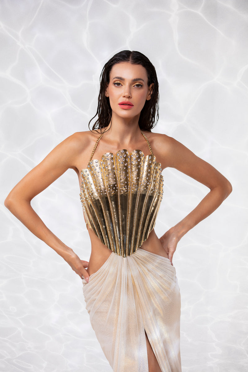 Harpya' pleated corset with quartz crystal detail and belt ATU Body