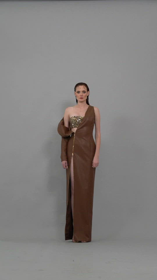 Asymmetrical brown leather dress with beaded bust