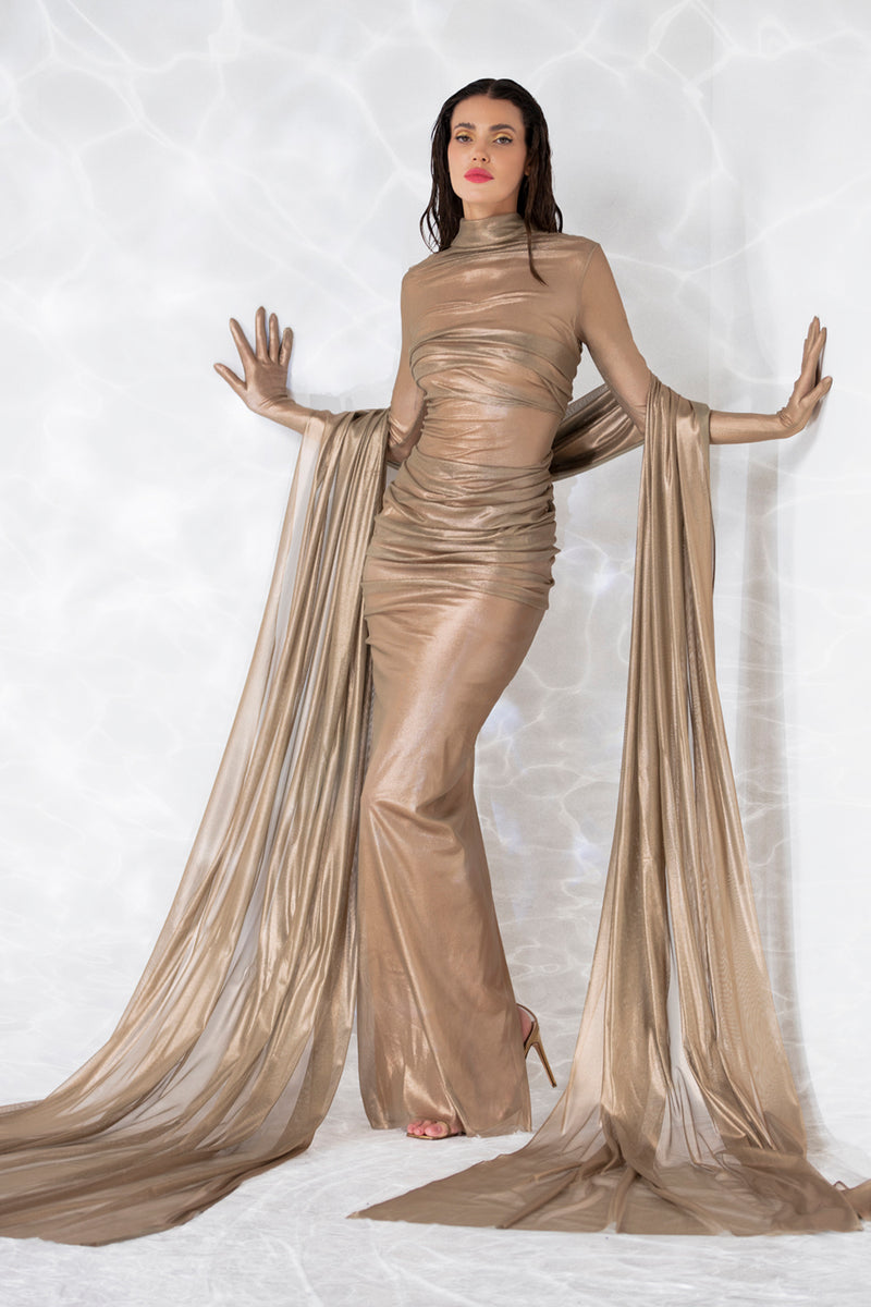 Sheer dress in gold foiled silk tulle, built in gloves, and a floor sweeping scarf