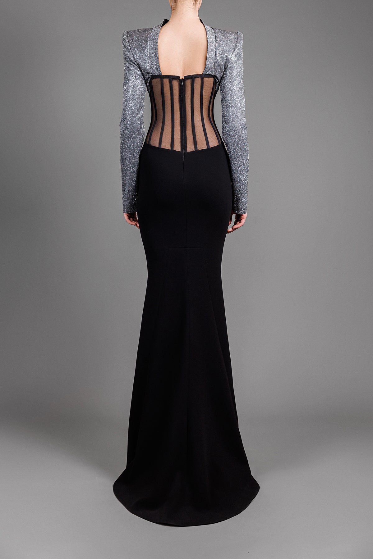 Dark silver lurex and black crêpe trumpet cut dress with sheer waist corset