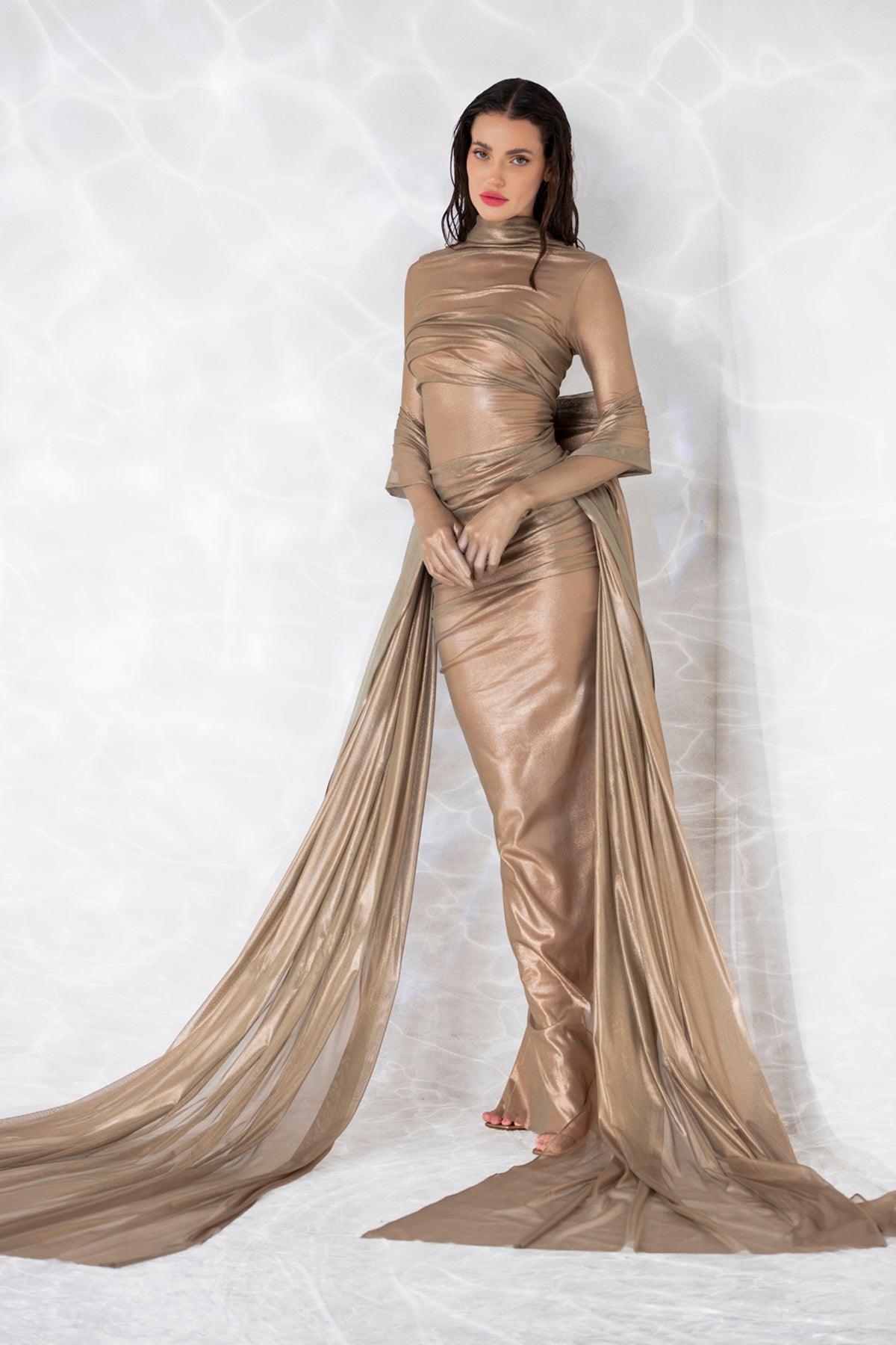 Draped sheer dress in gold foiled silk tulle, built in gloves, and a floor sweeping scarf Draped sheer dress in gold foiled silk tulle, built in gloves, and a floor sweeping scarf