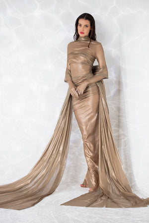 Center back draped sheer dress in gold foiled silk tulle, built in gloves, and a floor sweeping scarf