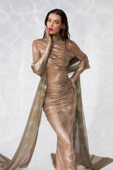 Draped sheer dress in gold foiled silk tulle, built in gloves, and a floor sweeping scarf