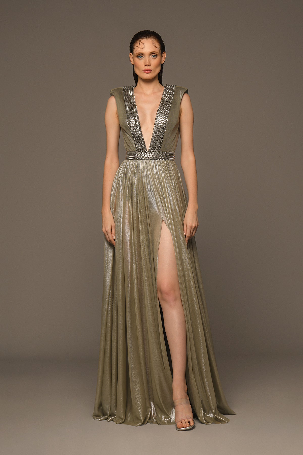Silver dress with chains and plunging neckline