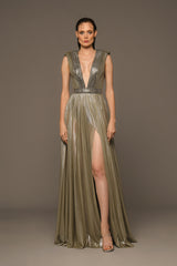 Silver dress with chains and plunging neckline