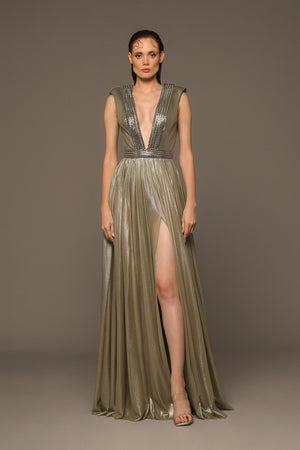 Silver dress with chains and plunging neckline
