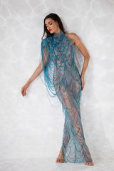 Sleeveless sheer dress embroidered with waves of cyan, navy, turquoise, aqua, sky blue, and aquamarine crystal beads.