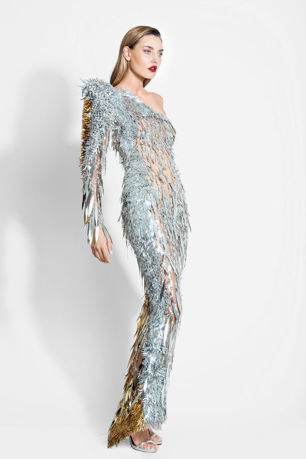 Structured one-shouldered sheer tulle dress fully embroidered with laser cut metal sequins, bugle beads, and Swarovski Crystals