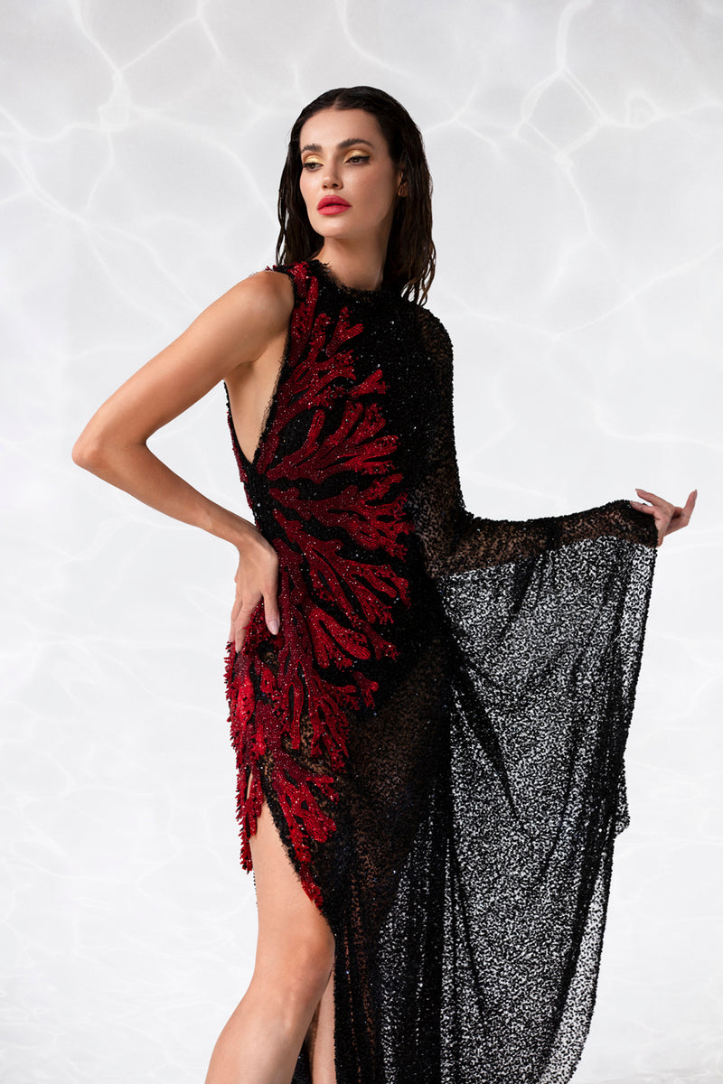 Sheer asymmetrical fishnet dress with branch corals embroidered in beads  and crystals