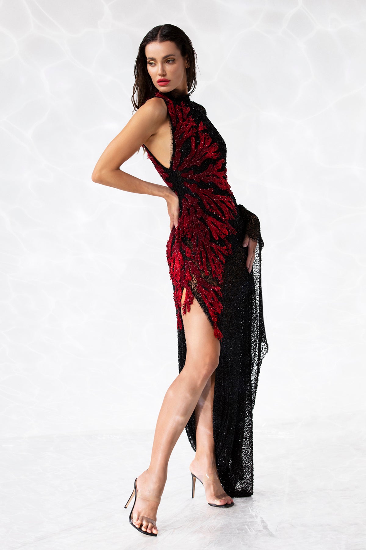 Sheer asymmetrical fishnet dress with branch corals embroidered in beads and crystals Sheer asymmetrical fishnet dress with branch corals embroidered in beads and crystals