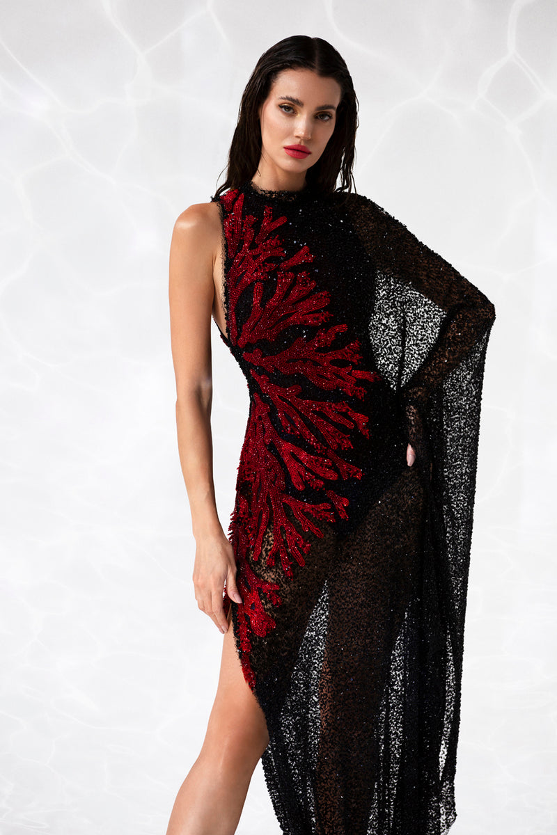 Sheer asymmetrical fishnet dress with branch corals embroidered in beads and crystals
